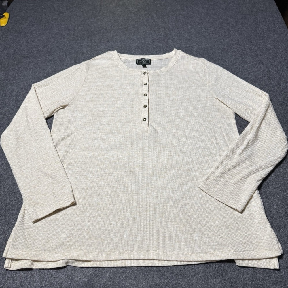 GH Bass & Co Womens L Henley Long Sleeve Shirt Cream Heathered Waffle Knit Top